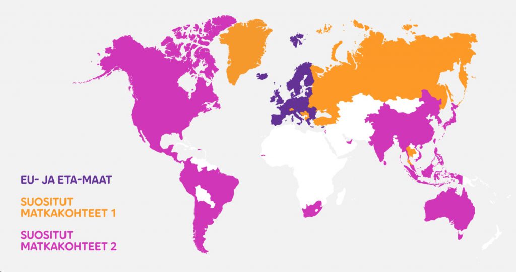 EU- ja ETA-maat sekä suositut matkakohteet kartalla
